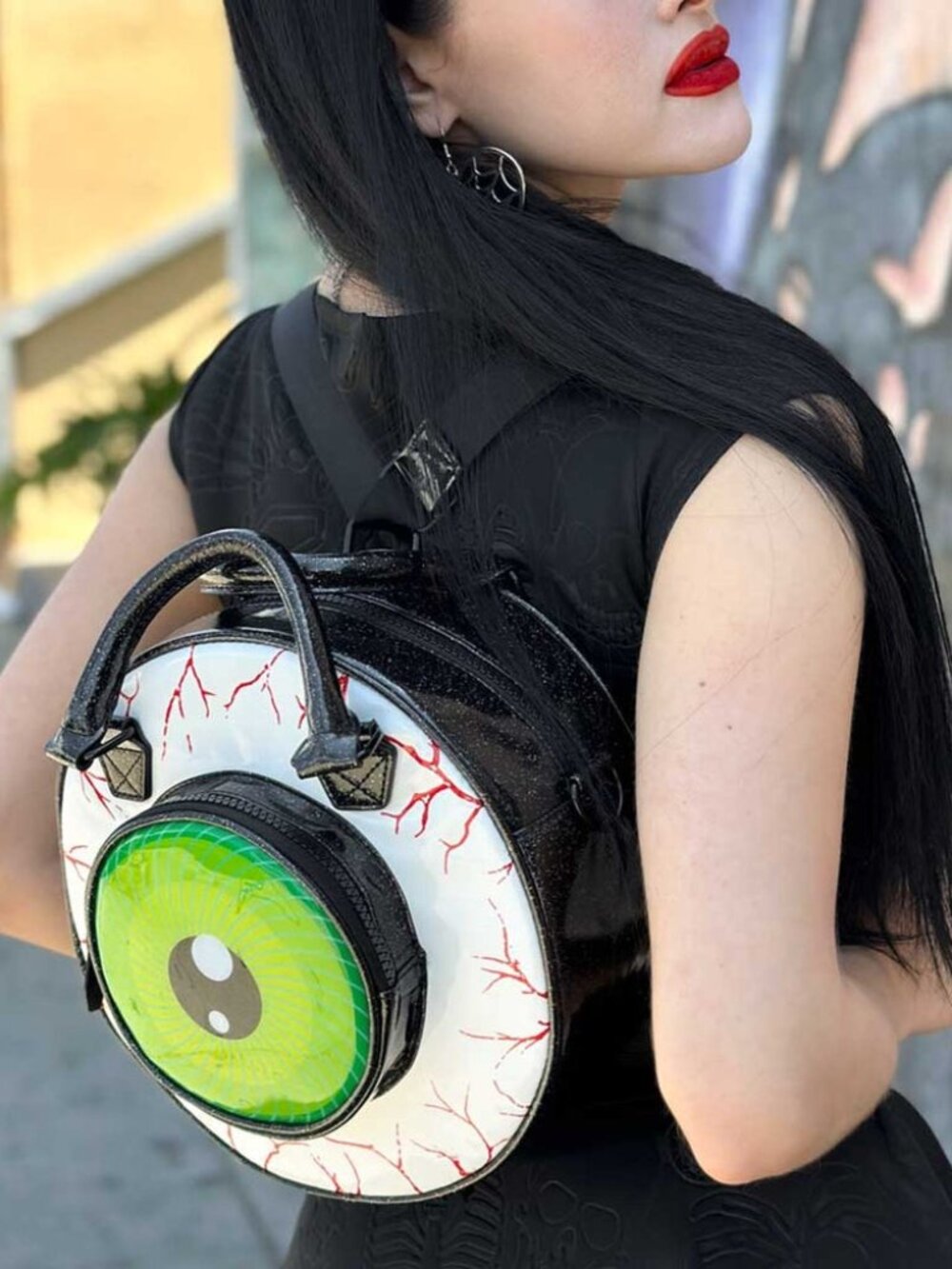 Eyeball Black White Green Glitter Backpack Purse Crossbody Multi-functional NWT - Picture 2 of 7